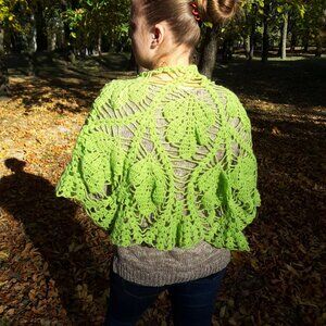 Handmade Crochet Green Shawl Wrap Leaf Pattern